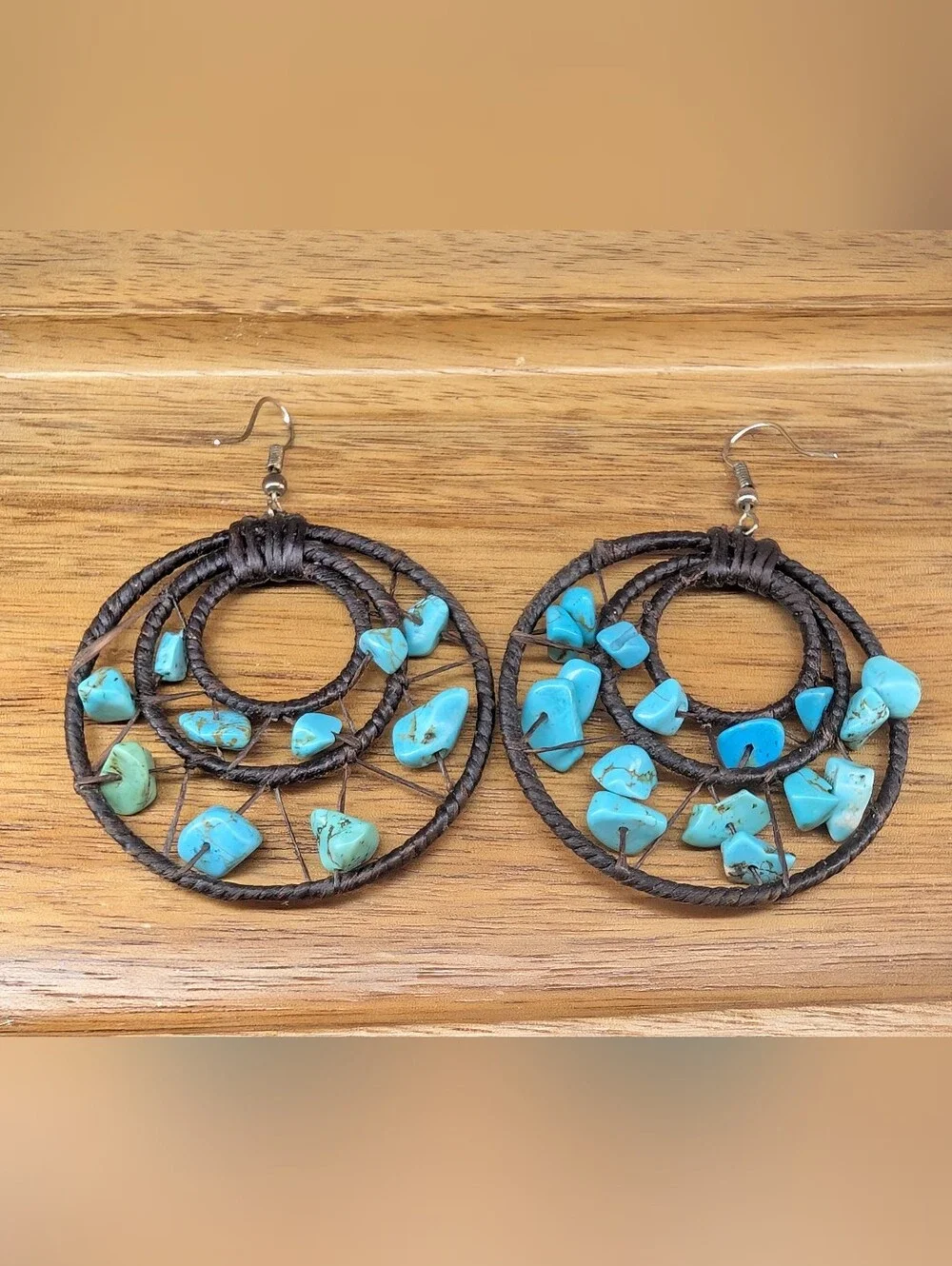 Turquoise Southwestern Boho Handmade Circular Dangle Earrings Wire Wrapped